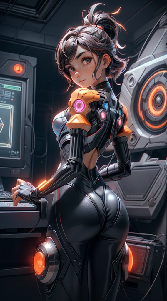 motor irreal:1.4,UHD,La mejor calidad:1.4, fotorrealista:1.4, textura de la piel:1.4, obra maestra:1.8,posing from behind Hermosa mujer,(Protogen hembra),cyberpunk,mechanic,ojos brillantes,orange metallic surface,Pantalla digital,advanced technology,futuristic,red Neon lights,electromagnetic field,bordes afilados,Aerodynamic design,Organismo digital,biomech,Mysterious atmosphere,Visera de vidrio,Sentidos mejorados,energetic pose,Circuitos invisibles,Holographic projections,cables de colores,cyborg hembra,(Special station:1.4), ((La mano consiste en un pulgar corto y cuatro dedos,mano con solo cinco dedos,(Cara detallada)))