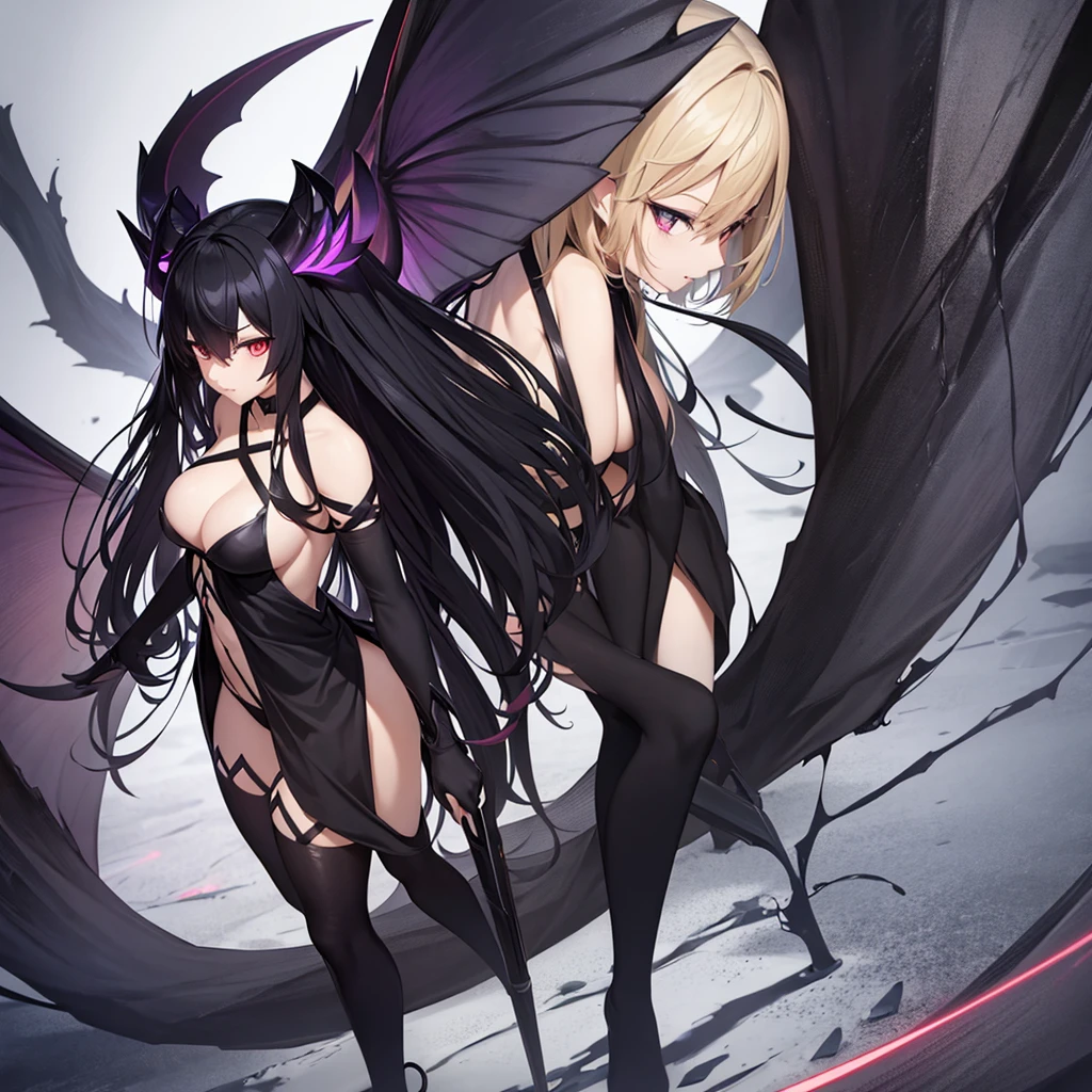 Full-body shoot of a Demon Girl, black horns, black deamon Wings, Anime Style, 2D 