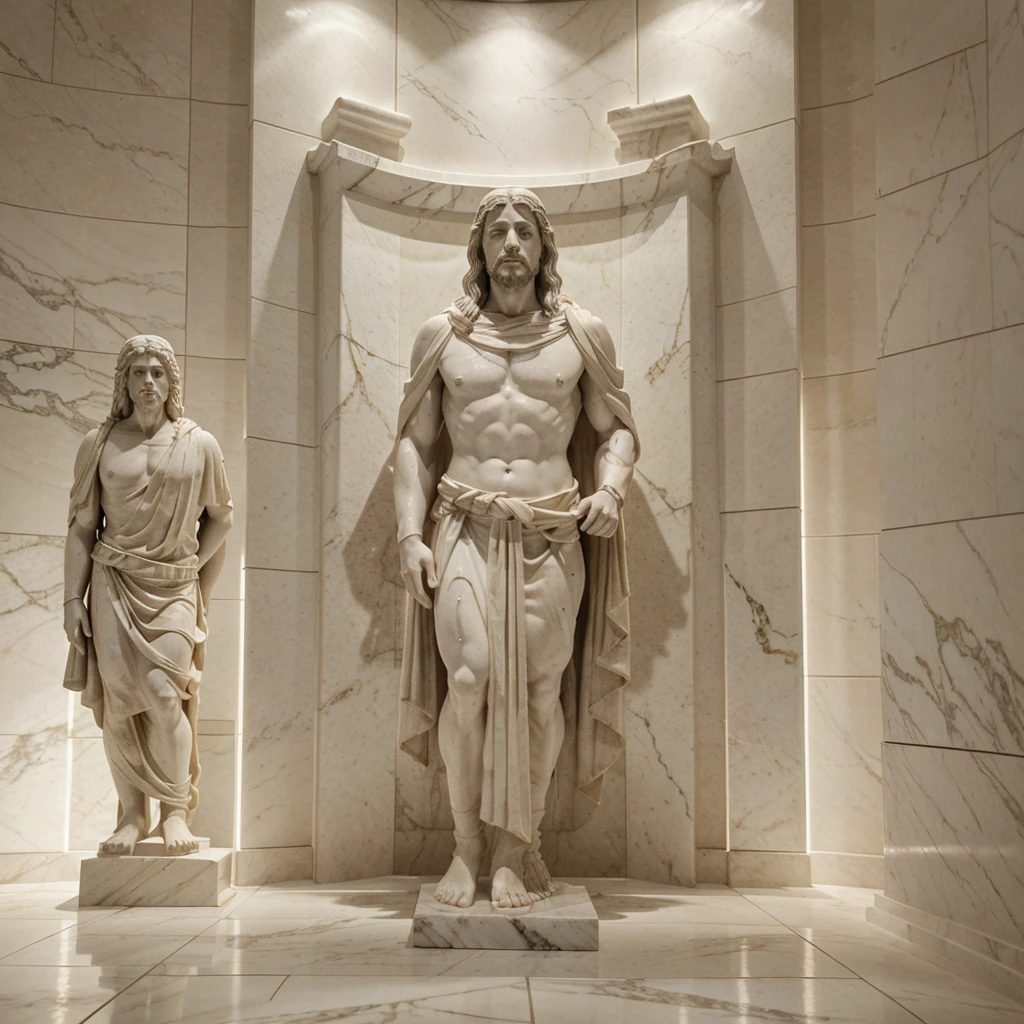 realistic full body greek white marble statue of jesus wearing ghost toga, neutral background, moody, , photorealistic, cinematic scene, super detailed, hyper realistic, bright lights, 8k