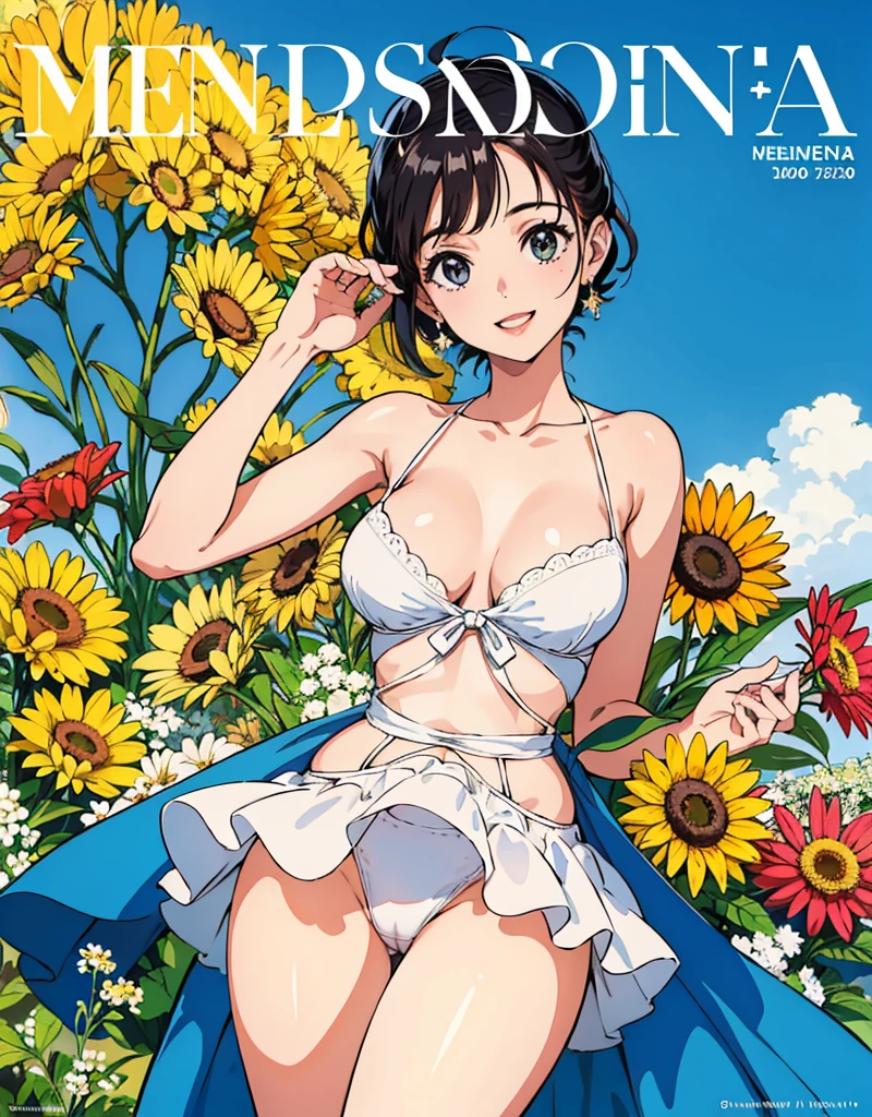 (melhor qualidade, obra de arte), Capa de uma revista feminina, 1 garota, 30 anos de idade, splendid, Bonitinho, sorriso emocionante, figura de ampulheta, nua, sem roupa, magazine title, seios pequenos, bunda grande, sex, sexy