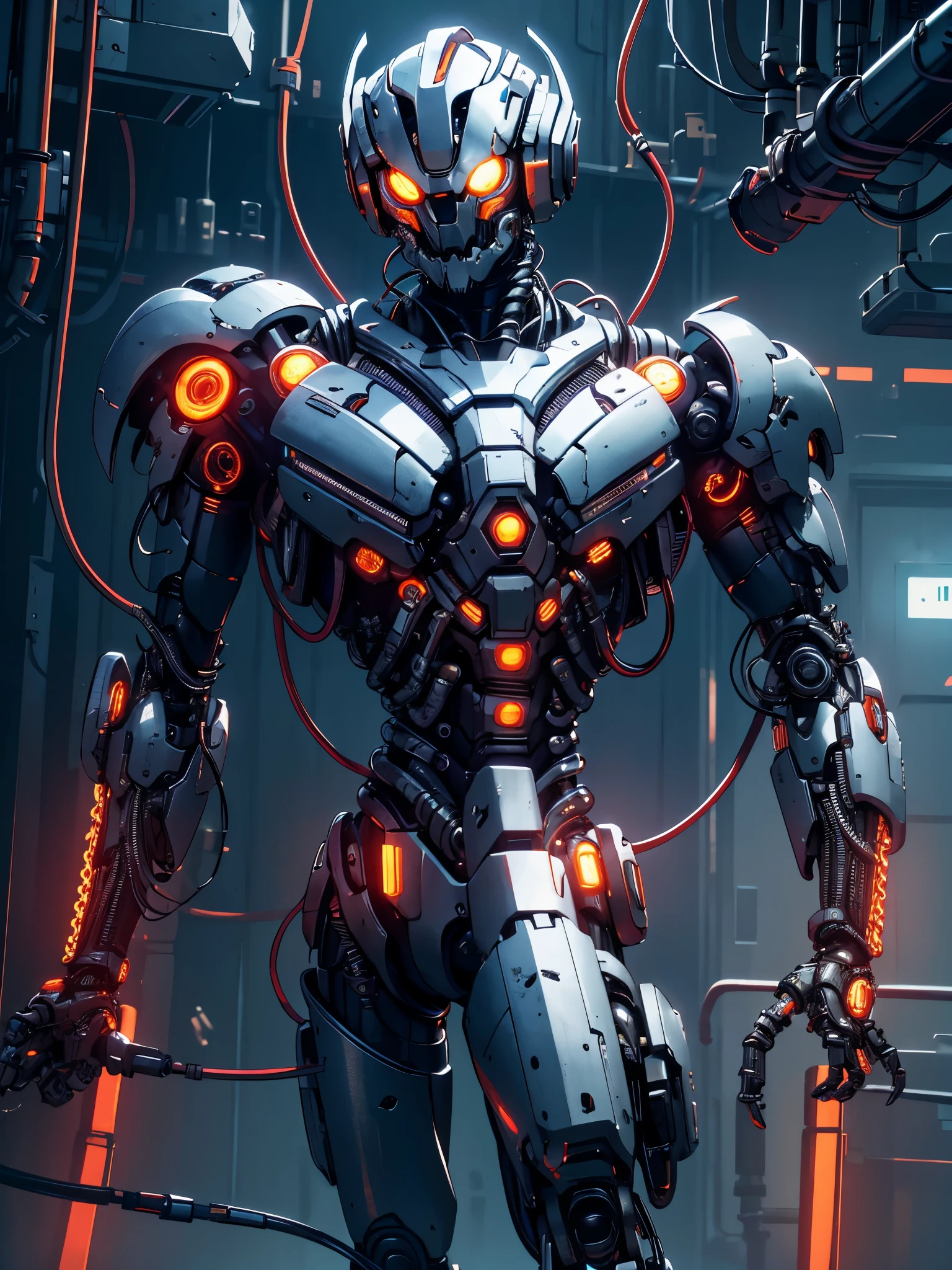 a biomechanoid cyborg arm full of wires, lights and metal parts