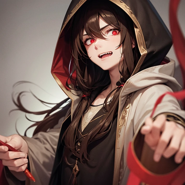 Young man with long brown hair, wearing dirty robe with a hood, glowing red eyes, threatening facial expression, scary
