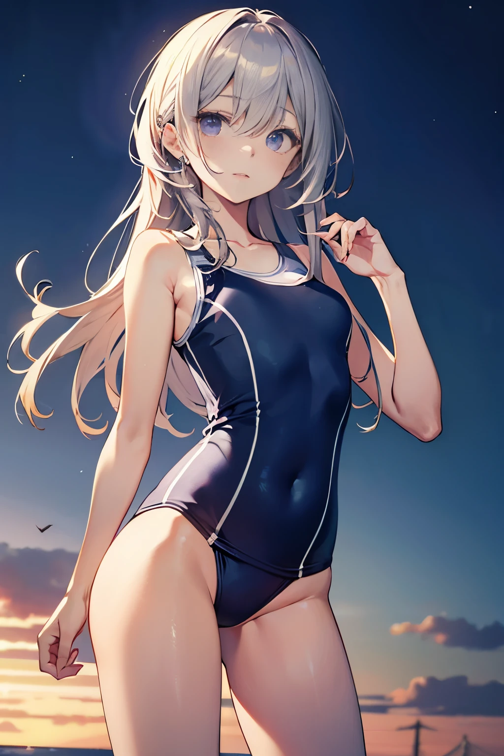High quality、highest quality、complete limbs、Ultra high definition、Shining eyes、Full hands and fingers、slender beauty、Wearing a school swimsuit、shiny skin、expression of agony、lean back