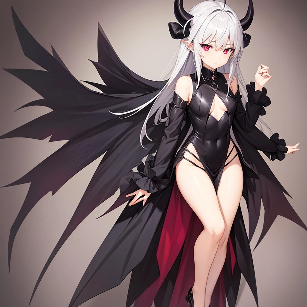 Full-body shoot of a Demon Girl, black horns, black deamon Wings, Anime Style, 2D 