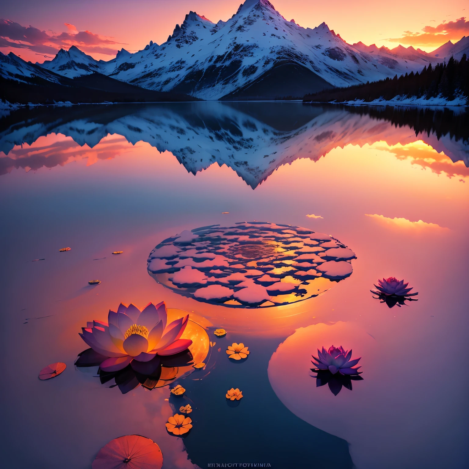 (ultra-detalhado,fotorrealista:1.37),(aquarela),(lotus flowers floating in a translucent lake),(montanhas cobertas de neve refletidas no espelho d'water),(utilizing barrel distortion to create a sense of depth),(beautiful sunset sky),(retratar vividamente do primeiro plano ao fundo),(spectacular sunset lighting in snowy mountains)
