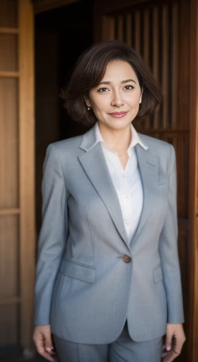 ((best quality,8K,master piece:1.3)), Realistic, sharp focus, high quality, khd, solo, Japan, middle-aged women, Beautiful woman, Visible clothes, 47 years old, plum, wavy curly hair, wrinkles around the eyes, sensual figure, light makeup, 32 inch chest size, slight smile, big skeleton,gray patterned slip suit,stand in front of the hut, panoramic lens, hyper hd,cocked ass,black lenth stockings