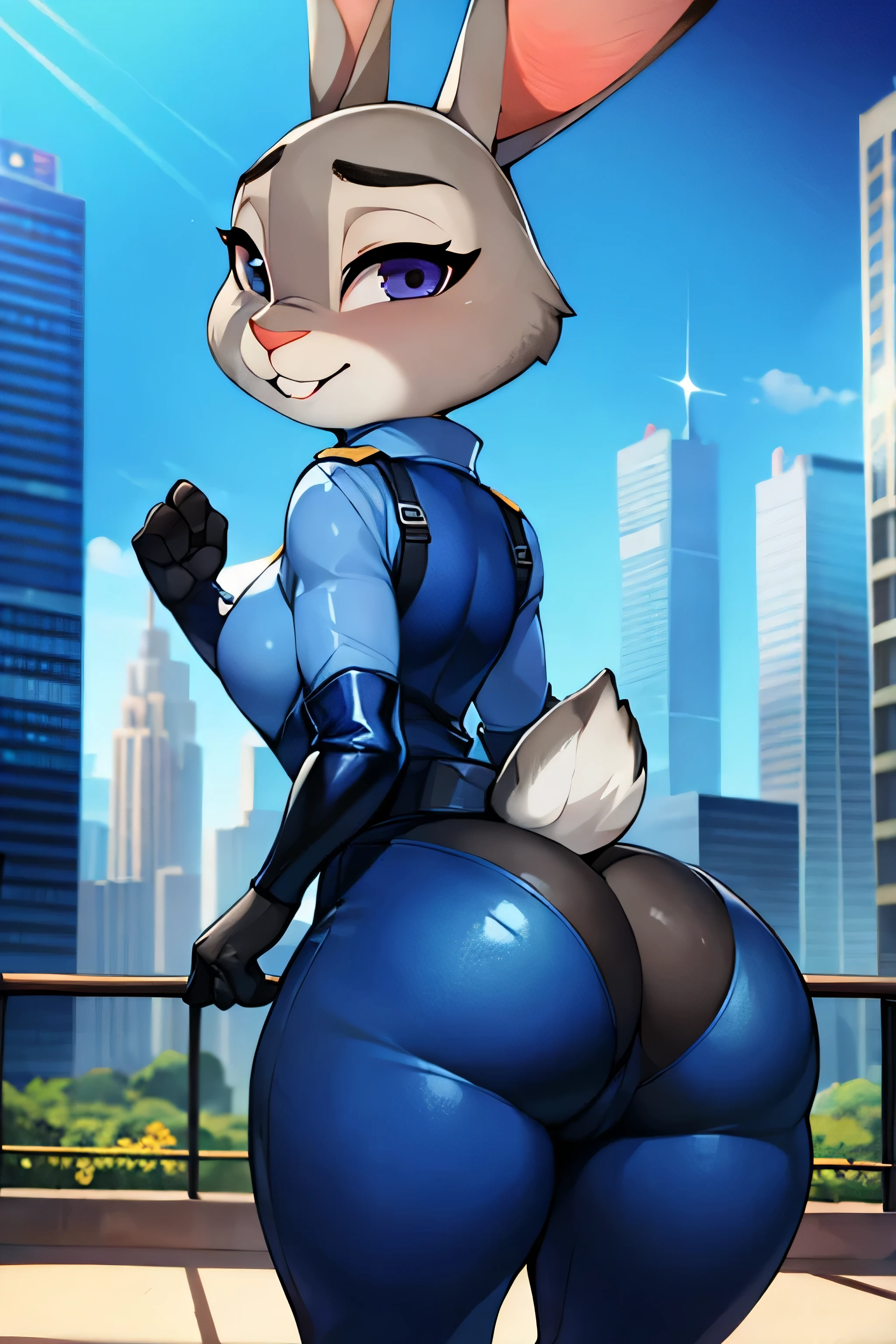 best quality, masterpiece, solo, 1girl, JudyHopps, police uniform,City, modern city, ass to viewer,