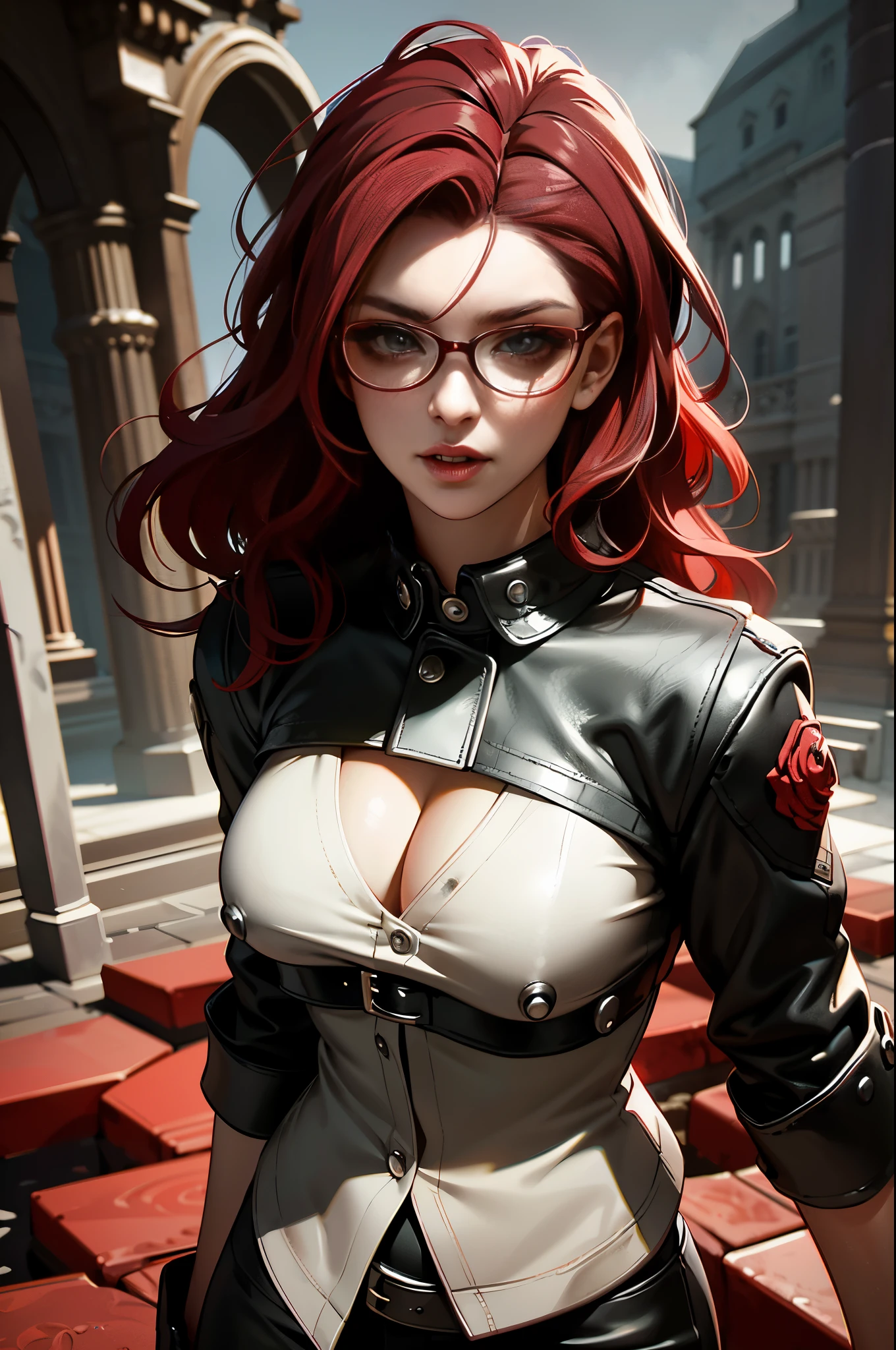 Nicolita goldenstein, 1girl, detailed eyes and face, long eyelashes, beautiful detailed lips, flowing red hair, open cleavage, big breasts, black glasses, confident expression, stylish outfit, leather jacket with red trim, tight black pants, high-heeled boots, devil may cry emblem on jacket, standing in a gothic-style garden, surrounded by eerie statues, dark and ominous atmosphere, moonlight casting shadows, misty fog, red roses scattered on the ground, intense red and black color scheme, dramatic lighting, a sense of mystery and power, Kyrue from the Devil May Cry series. 
(best quality, highres, ultra-detailed), (realistic:1.37), portraits, gothic, vibrant colors, professional lighting.