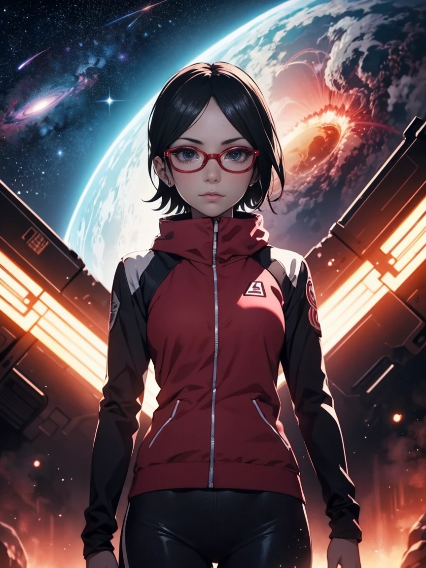 Sarada Uchiha with an athletic body, short hair, black eyes, wearing red glasses. Next generation. She has a cyberpunk look and tattoos and is drifting in space Dramatic lighting from stars and planets distant nebulae illuminates the scene