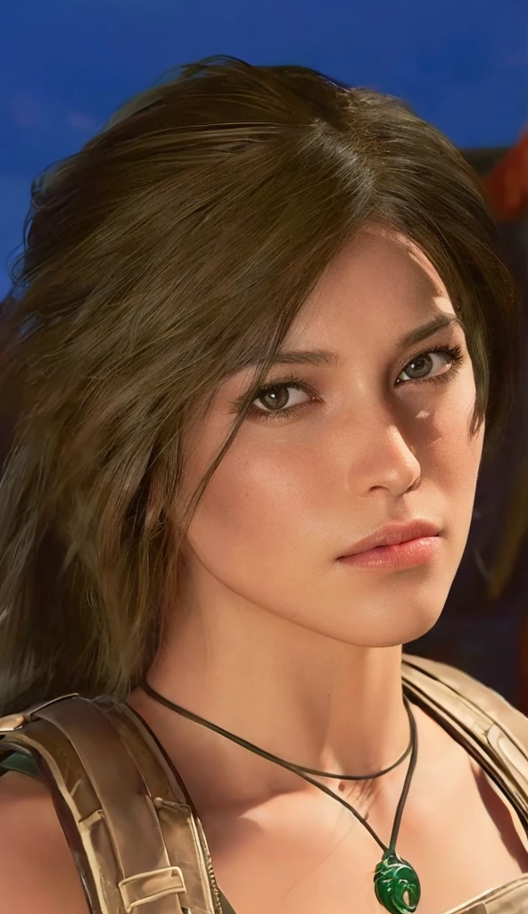 (best quality,ultra-detailed,realistic:1.37),professional,portrait,Lara Croft,perfectly symmetrical face,beautiful clear light brown eyes,perfect makeup