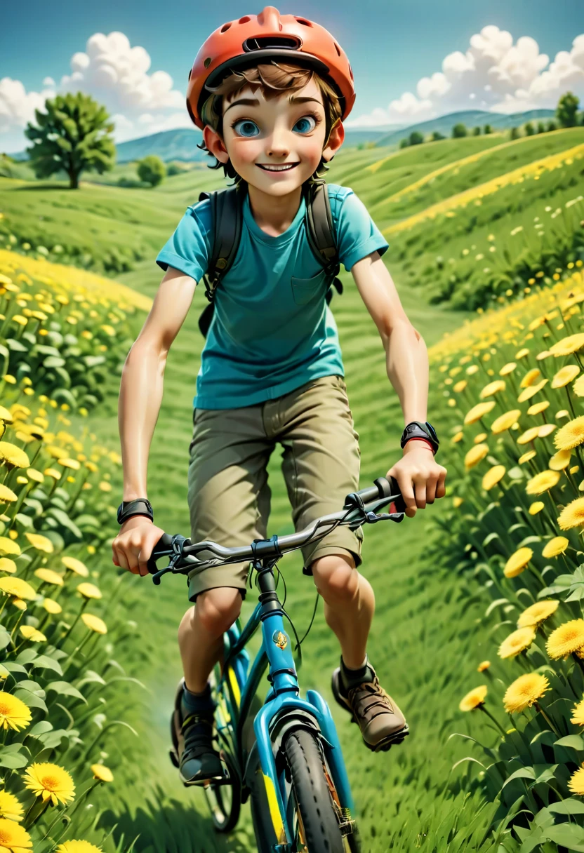 (a boy riding a bicycle in a field in summer),illustration,green grass,dandelions,beautiful rolling hills,bright sunny day,clear blue sky,vivid colors,natural lighting,(best quality,highres:1.2),ultra-detailed,realistic,photography