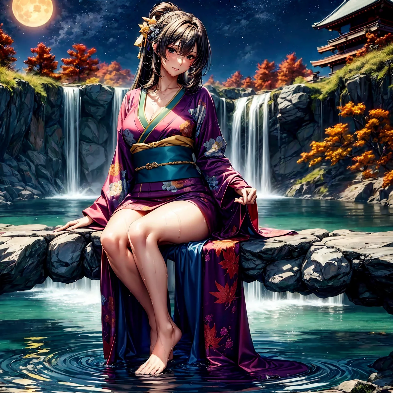 a beautiful girl with long black hair tied in a bun, wearing a kimono that is half open, her body is full of tattoos, sitting on a rock in the middle of a river with waterfall at night, add star in sky, her back to the camera looking to the side
