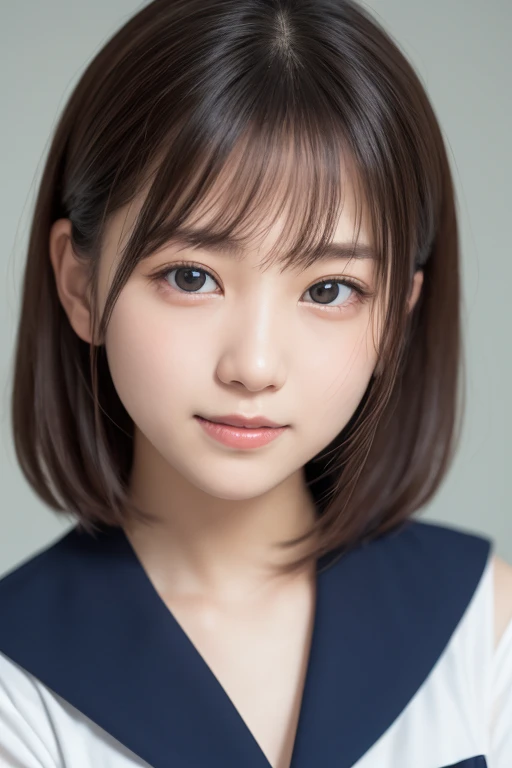 table top, highest quality, 8K, 10 years old, Ten generations, RAW photo, absurd, award-winning portraits, smile, alone, idol face, violaces, delicate girl, Upper body, Digital single-lens reflex camera, looking at the viewer, Frank, Sophisticated,thin arms, professional lighting, film grain, chromatic aberration, (Eye and face details:1.0), (Bokeh:1.1) , (sailor suit,Pinnafor:1.1) , close your mouth , bed