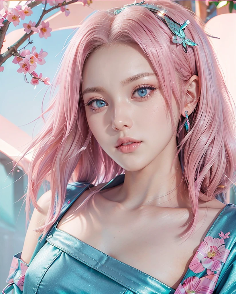young woman, shoulder-length pink hair, wide forehead, porcelain skin, pink eyebrows, big emerald green eyes, buttoned nose, full lips, heart-shaped face, butterfly earrings, slender body, small breasts, blue butterfly dress , Sakura Haruno, realistic, realism, details, 3d