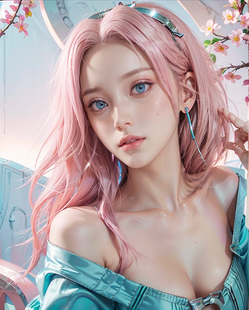 attractive European wavy red hair wearing a clear transparent short crop top and micro thong, naked on top, realistic art style, 8k high quality detailed art, Beautiful digital artwork, Pink Girl, anime colored, Kawaii realistic ,Beautiful saggy breasts, large breasts, Seductive figure, medium long shot ,Upper Body, Dynamic poses ,lighting studio ,Pink gradient background