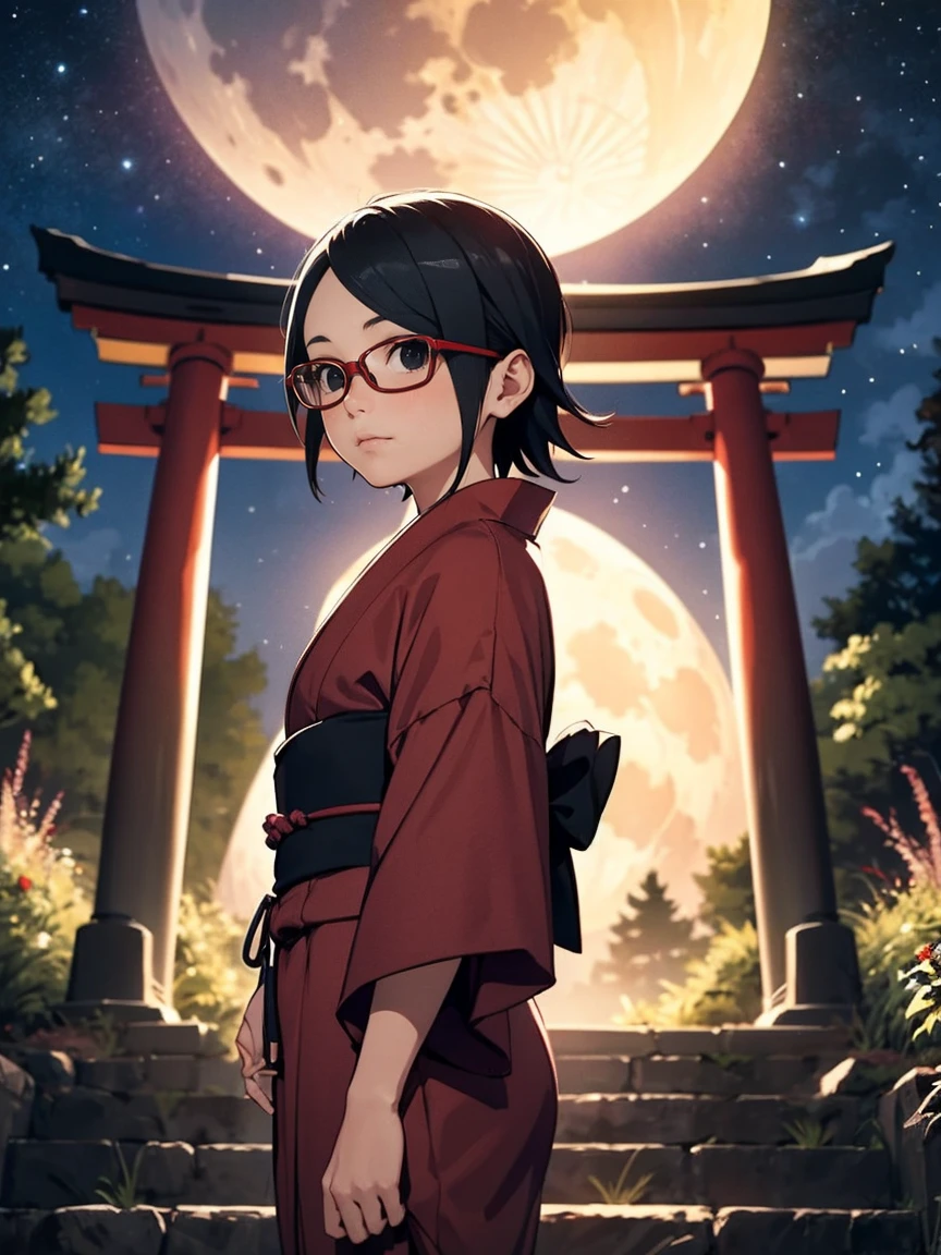 Sarada Uchiha with short hair, black eyes and red glasses. Next generation. Sarada wearing a yukata on a long staircase in the middle of a forest. She is under a Torii on a starry night with a full moon. Lighting the scene dramatically