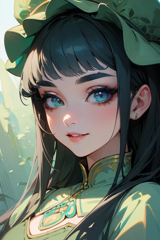 (highest quality, masterpiece:1.2), High resolution, Super detailed, realistic:1.37, fantasy, An illustration, green eyes、Blue and white dress、Platinum decoration、beautifully、Eyeshadow Red、dark eyebrows、long eyelashes、Pupils are black、Hair is light green、toothy smile、