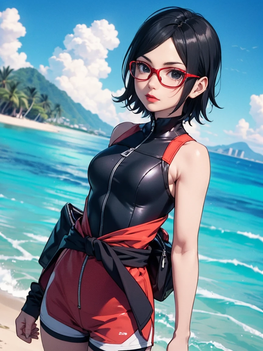 Sarada Uchiha with short hair, black eyes, wearing prescription glasses. She is wearing a black wetsuit with red details, she is on a reef with half her body out of the water, the day is sunny with some clouds, Red lipstick. Wearing a utility belt around your waist. paradise island in the background. wearing tactel shorts