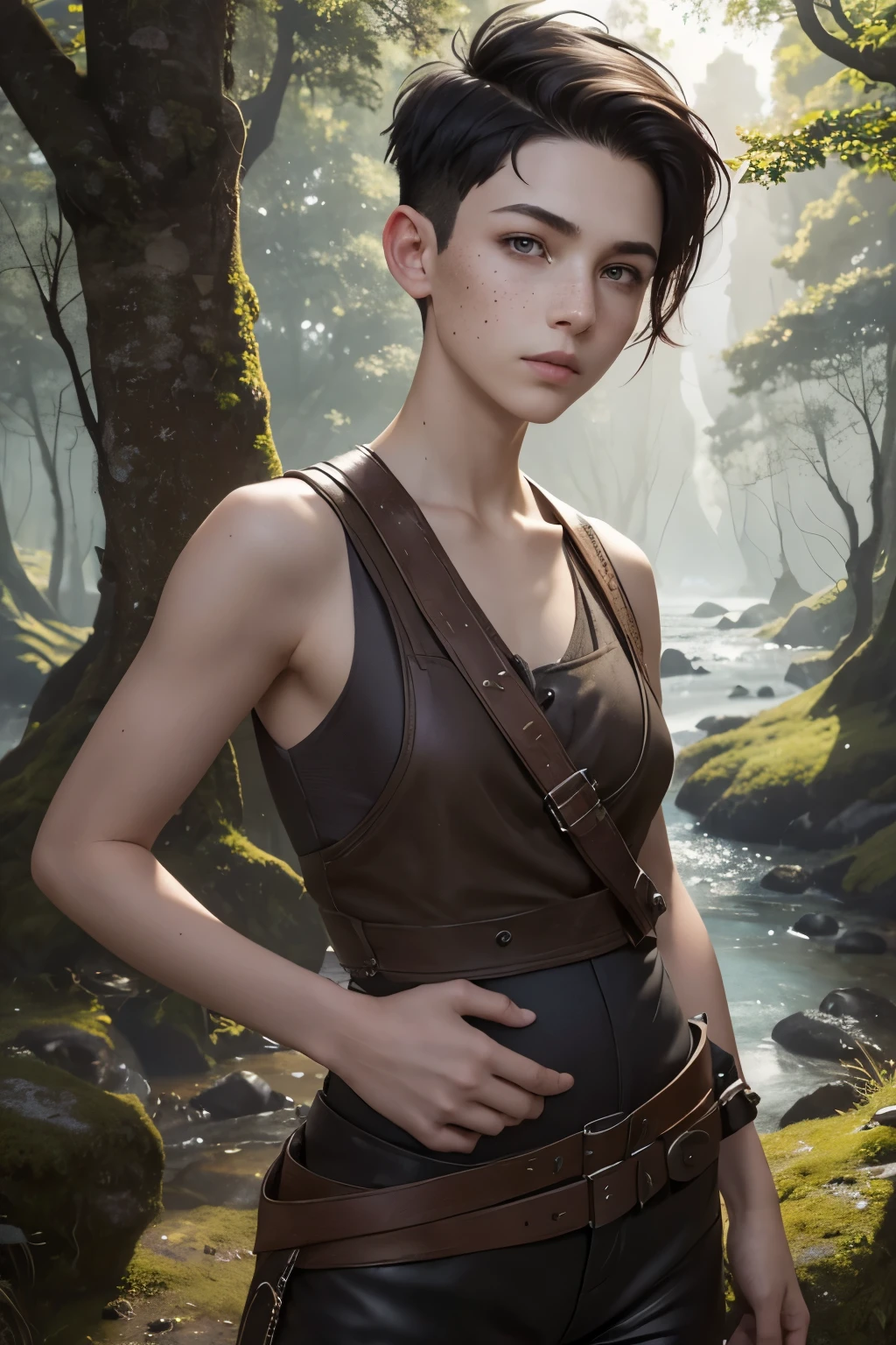 A young androgynous woman with a undercut. Kind. Friendly. Tomboyish. Happy. Skinny. Very short manly haircut. Dark-brown hair. Sides shaved, undercut. Very pale skin with freckles and liverspots. A soft round face with freckles and liverspots. Upturned dark-brown eyes. Very thin and barley visible eyebrows. A long and wide nose. Wide curved lips. Round chin. Slim body. . Wide hips. Thick legs. Used dirty medieval clothing of a lonley ranger and wanderer with tight trousers. Beautiful bright fantasy landscape in the background with shiny forest and rivers. 