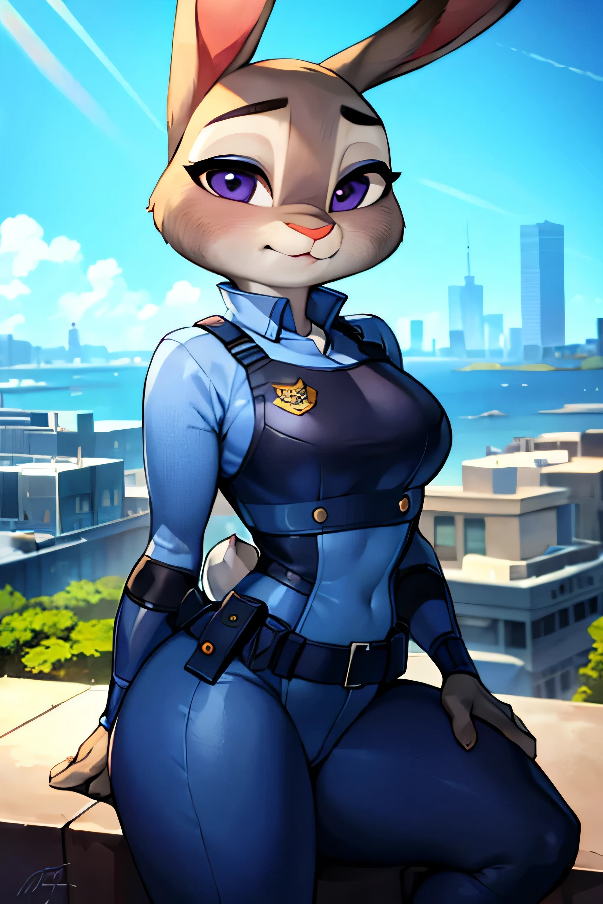 best quality, masterpiece, solo, 1girl, JudyHopps, police uniform,City, modern city,