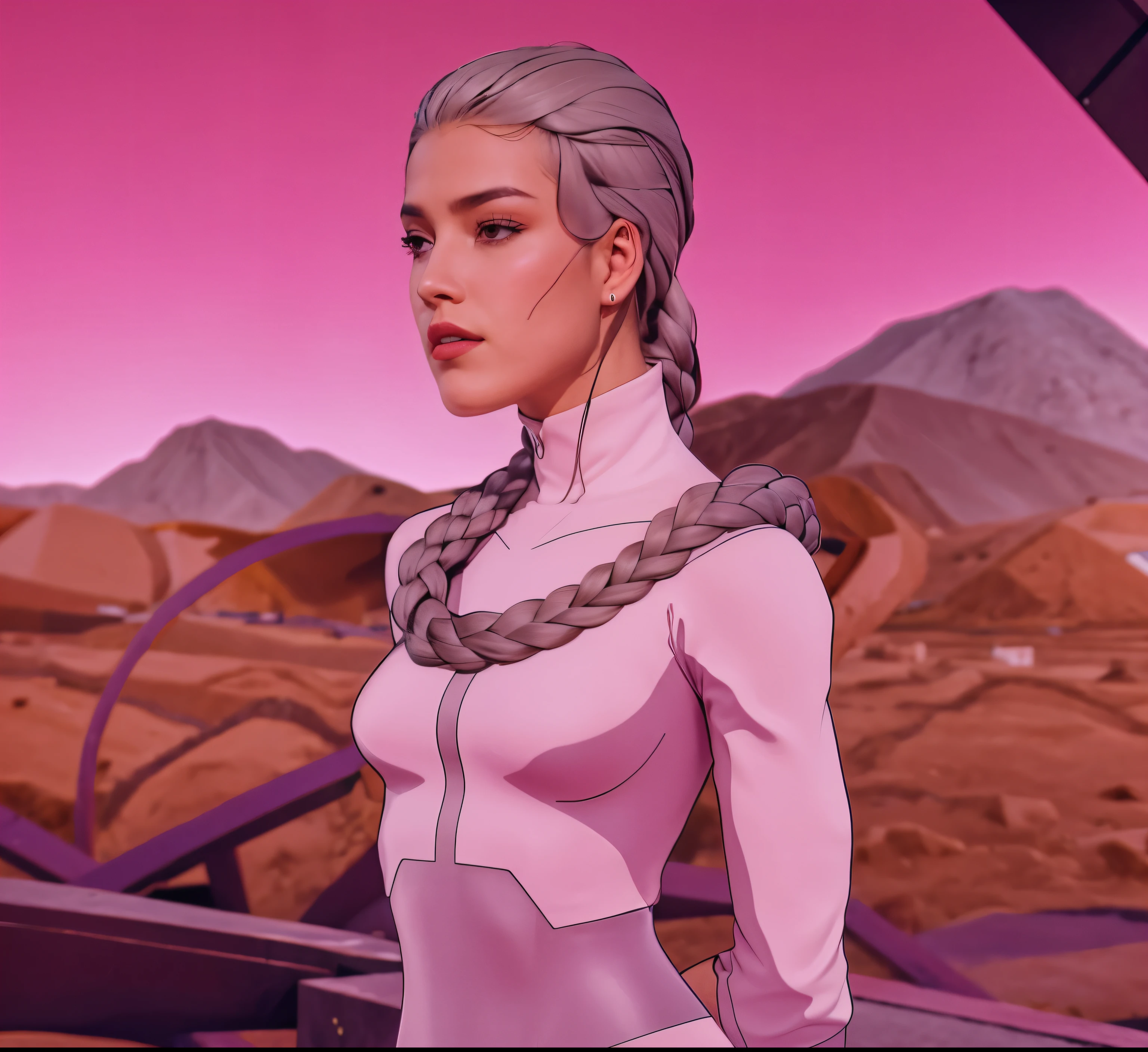(obra de arte), (extremamente complexo:1.3), (realista), superheroina, meia idade, braided hair around the neck, traje branco e cinza, cabelo cinza, Serious look , from the invincible series, fotografia profissional, sharp focus, dramatic, premiado, cinematic lighting, Octane rendering, motor irreal, dtx volumétrico, (Film grain)