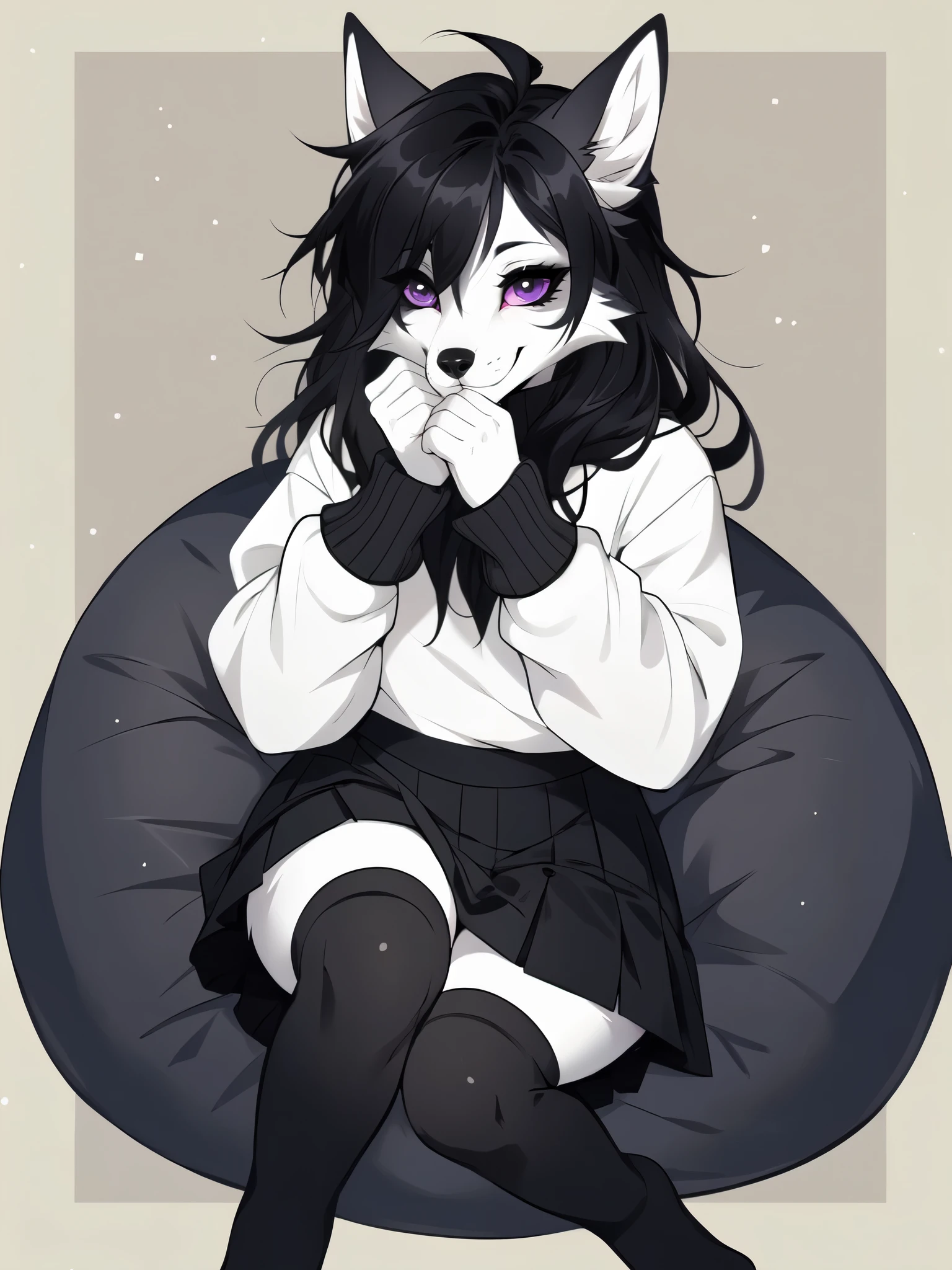 By fumiko, by hyattlen, flat colors, cell shading, anthro husky female, black and white fur, husky face markings, emo hair, black hair, hair covering one eye, purple eyes, white sclera, eyes, grey and white fur, standing, cartoon, gothic sweater, oversized sleeves, putting her hands to her face, smiling cutely, :3, gothic skirt, thigh high socks, exposed toes, black eyeliner, sitting on a bean bag chair