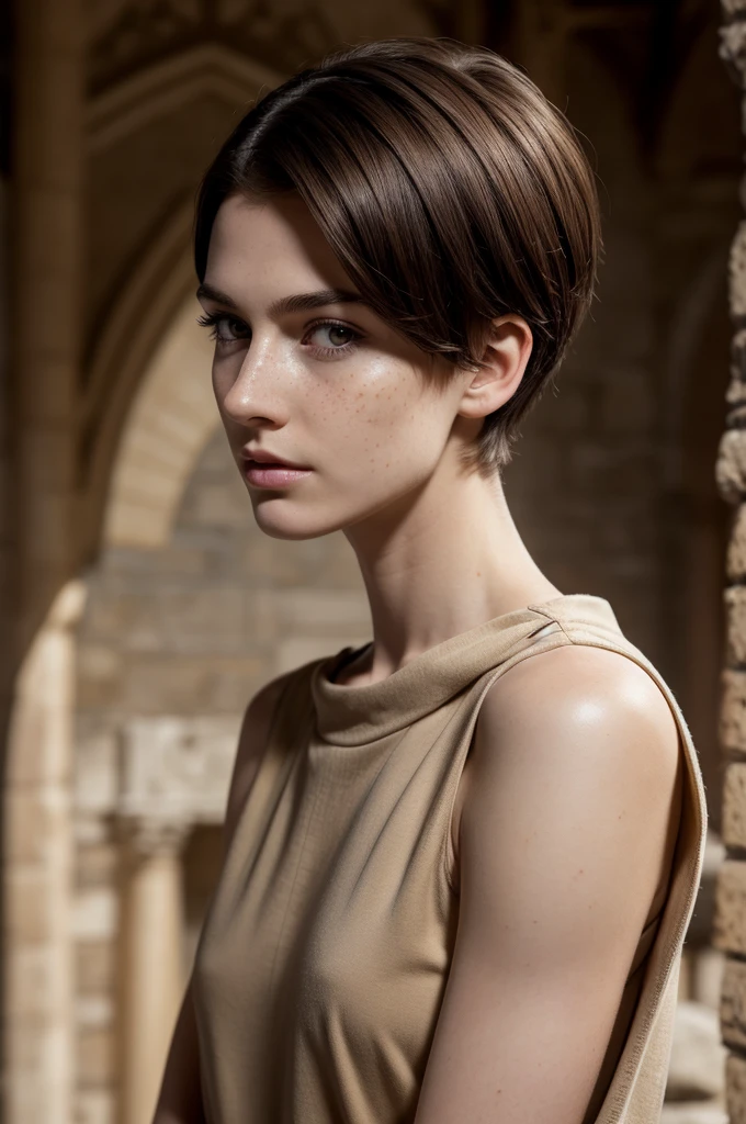 An androgynous female noble woman. Fantasy setting. Very short hair. Short manly haircut. Dark-brown hair with a undercut. Very pale skin with freckles and liverspots. Round soft face. Round soft chin. Round soft cheeks. Curved lips. Long wide nose. Dark brown eyes. Upturned eyes. Very thin, barely visible eyebrows. Long neck. Slim. . Long thick legs. Friendly. Kind. Androgynous. Tomboyish. Wearing simple clothing. Inside a medieval castle.