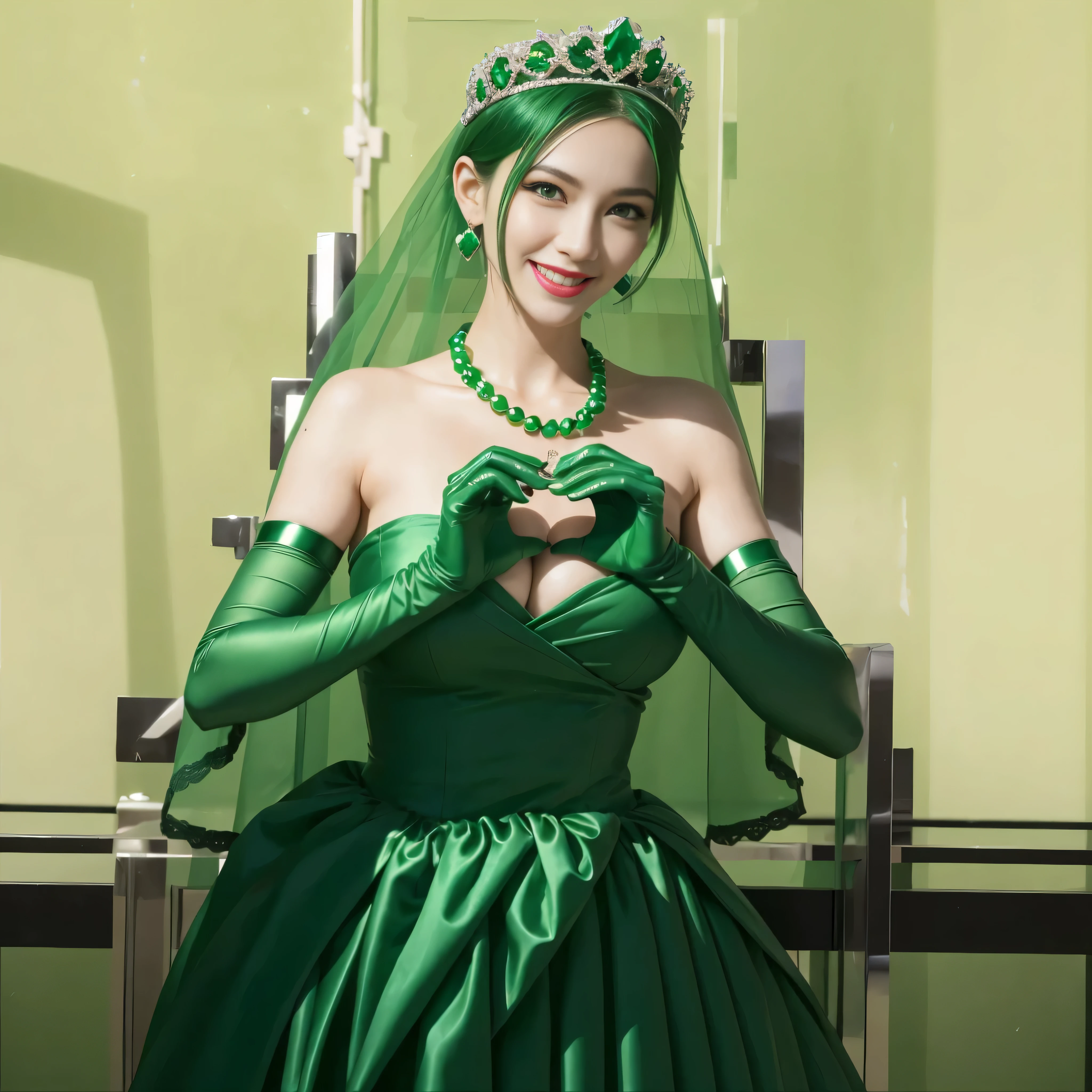 emerald tiara, green pearl necklace, ボーイッシュな非常に短いgreen hair, lipstick, smiling woman, very short hair, Beauty with large breasts, green eyes, Long Green Satin Gloves, green eyes, emerald earrings, green veil, heart with both hands, green hair, Beautiful woman in her 30s, heart shaped hand:1.3