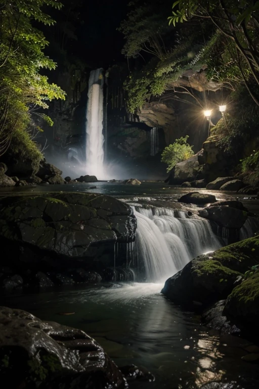an oil painting of a waterfall at night, uma cachoeira calma como uma nascente, com pedras e musgo, um lugar cheio de vagalumes e borboletas, um lugar calmo e lindo, com flores amarelas na volta dessa cachoeira, a mystical and magical place