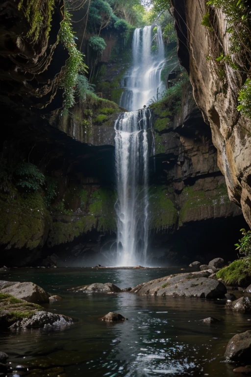 an oil painting of a waterfall at night, uma cachoeira calma como uma nascente, com pedras e musgo, um lugar cheio de vagalumes e borboletas, um lugar calmo e lindo, com flores amarelas na volta dessa cachoeira, a mystical and magical place