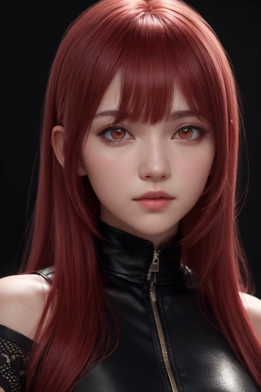 1girl, star eye, blush, perfect illumination, red hair, red eyes, unreal engine, sidelighting, detailed face, bangs, bright skin, simple background, dark background,