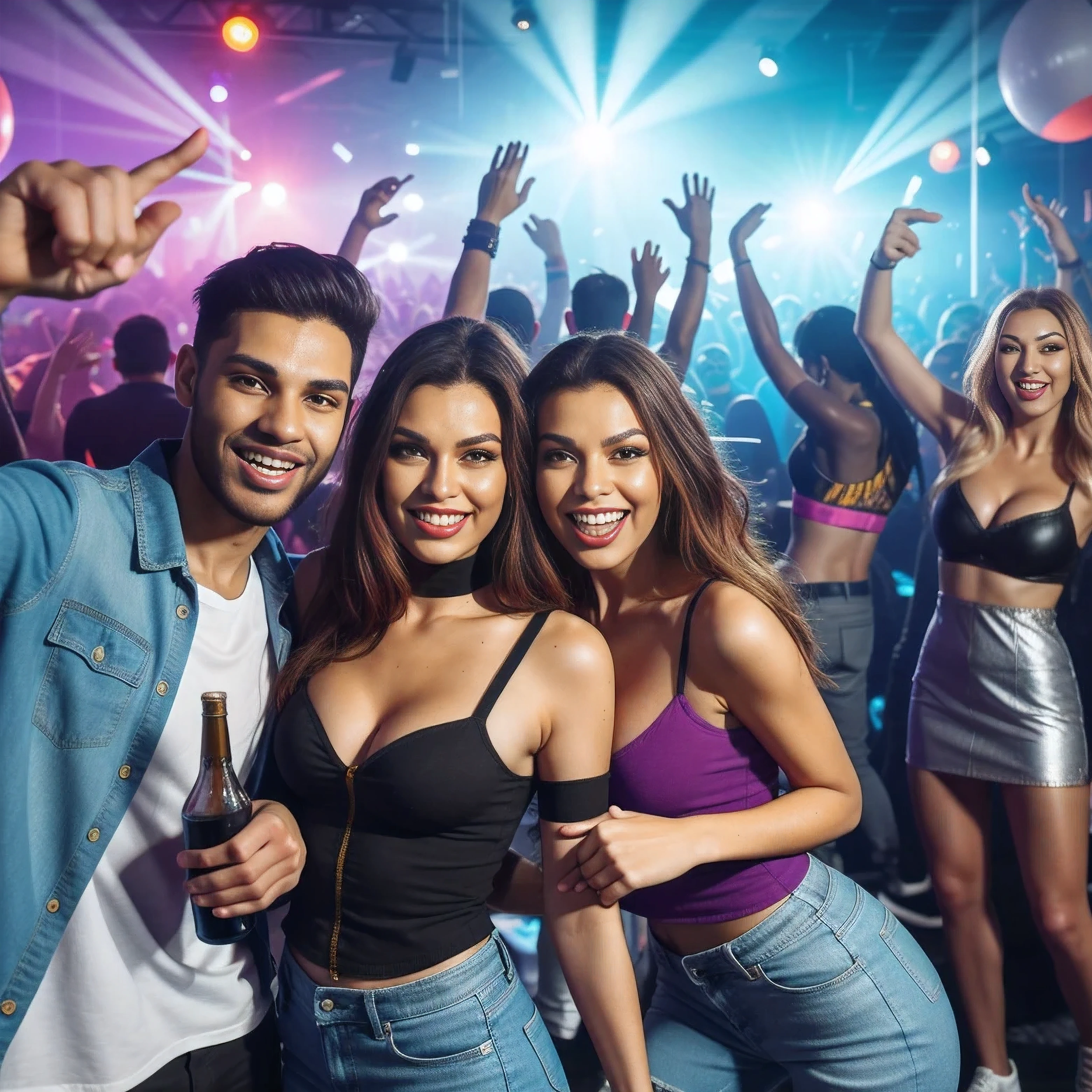 group of young people having fun at a party, party people in background, in a nightclub, nightclub dancing inspired, many partygoers, people dancing in background, revellers, party atmosphere, rave party, “house music rave with dancers, night clubs and neons, ibiza nightclub dancing inspired, disco party, college party, dance club rave, nightclub, night club