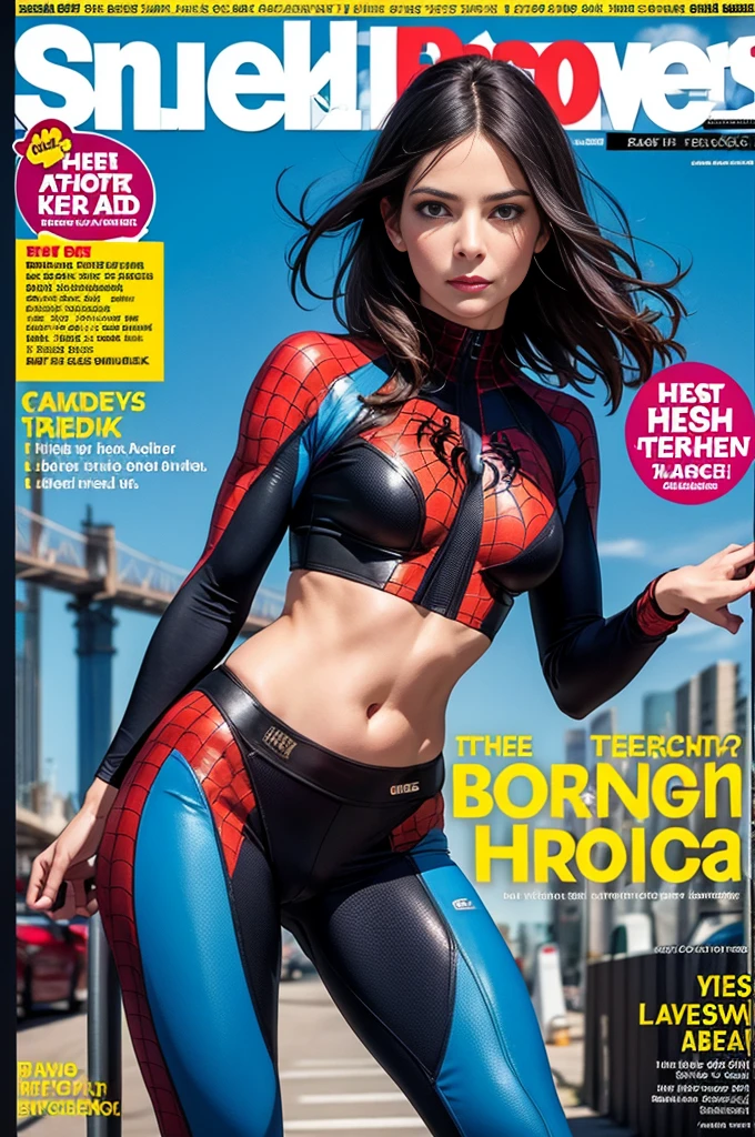 sandra bullock、Sticking out the navel、newyork、She wears a torn Spider-Man suit,wearing a skirt、abstract photorealistic、(masterpiece、highest quality、High resolution:1.4)、detailed、複雑なdetailed、looking at the viewer, figure, (magazine:1.3), (cover-style:1.3), woman, vibrant, take a pose, With confidence, Performance, statement,scene, article, cover, bold, to attract attention, title, stylish, Font, catchy, headline, bigger, impressive