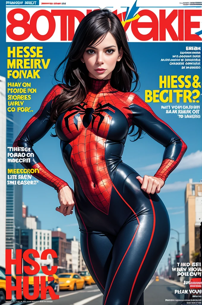 sandra bullock、Sticking out the navel、newyork、She wears a torn Spider-Man suit,wearing a skirt、abstract photorealistic、(masterpiece、highest quality、High resolution:1.4)、detailed、複雑なdetailed、looking at the viewer, figure, (magazine:1.3), (cover-style:1.3), woman, vibrant, take a pose, With confidence, Performance, statement,scene, article, cover, bold, to attract attention, title, stylish, Font, catchy, headline, bigger, impressive