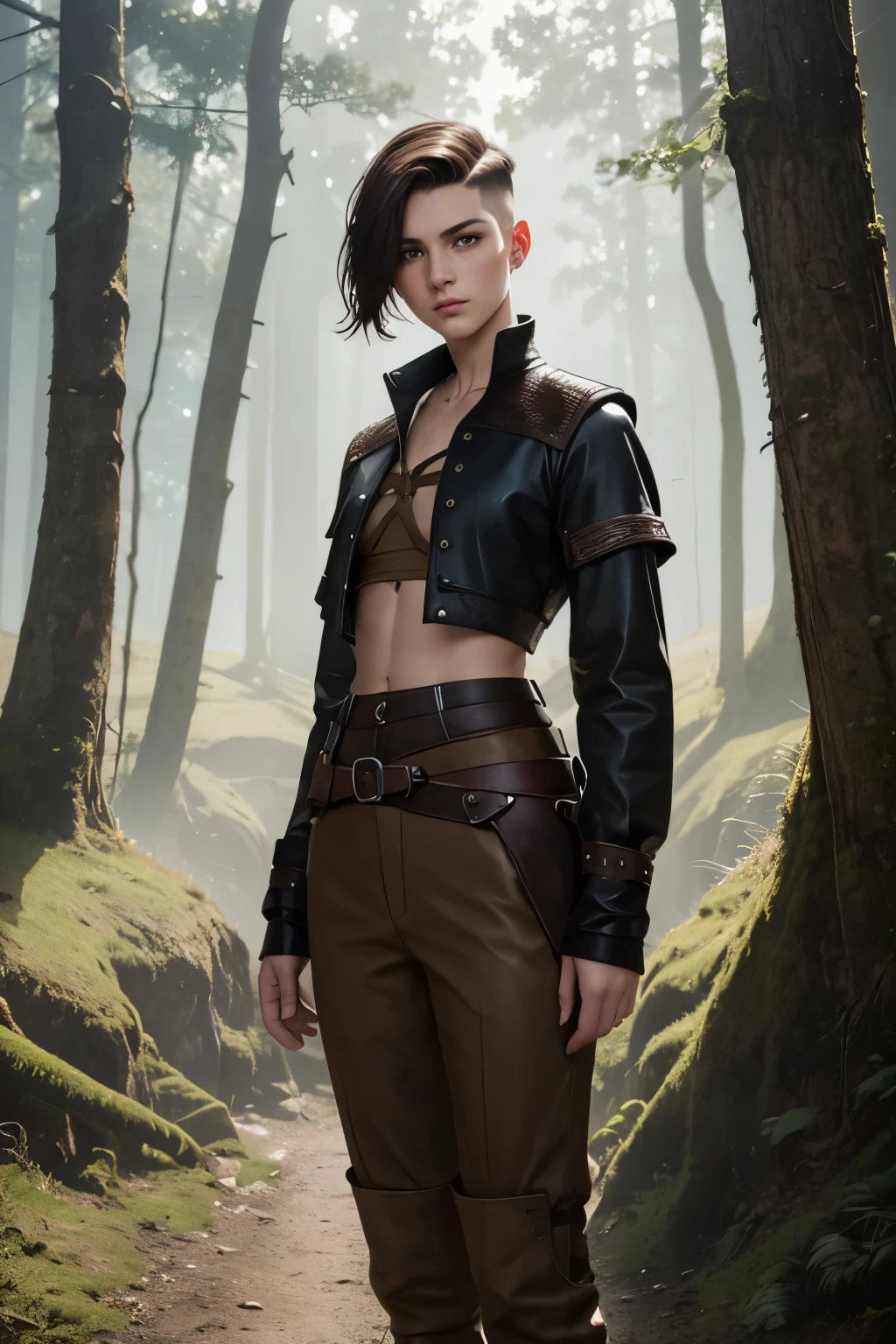 A young androgynous woman with a undercut. Kind. Friendly. Tomboyish. Happy. Skinny. Very short manly haircut. Dark-brown hair. Sides shaved, undercut. Very pale skin with freckles and liverspots. A soft round face with freckles and liverspots. Upturned dark-brown eyes. Very thin and barley visible eyebrows. A long and wide nose. Wide curved lips. Round chin. Slim body. . Wide hips. Thick legs. Used dirty medieval clothing of a lonley ranger and wanderer with tight trousers. Beautiful bright fantasy landscape in the background with shiny forest and rivers.