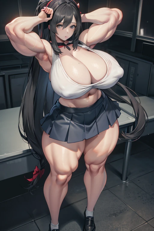 Best quality,8K,ultra high res:1.5), (Pretty very very long straight hair tied with red ribbon girl),(Huge breasts:1.20),(very voluptuous body),(very voluptuous thigh),(body builder girl:1.5),(wide muscle:1.8),(shocked expression),(eyes to camera),(light black hair),(red short skirt),(nipples),(sexy abdominal muscles),(black shoes),(nipples),(blue eye ball),(standing),(school girl),(white cleavage school uniform)