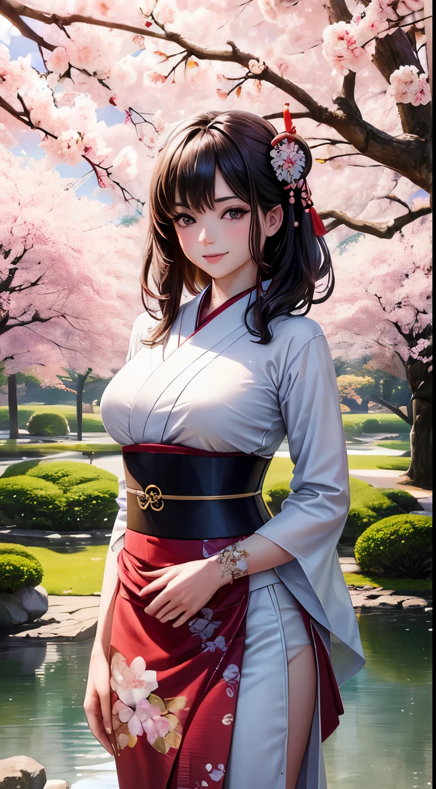 ((Best quality)), ((masterpiece)), ((realistic)), Girl with flawless beauty standing in a serene Japanese garden with cherry blossoms on eye level, scenic, masterpiece, (highres), original, extremely detailed 8K , (photorealistic:1.4),flawless face, perfect eyes,symmetrica body shape,smile, 