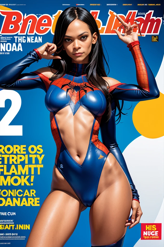 Zoë Saldana、Sticking out the navel、newyork、She wears a torn Spider-Man suit,wearing a skirt、abstract photorealistic、(masterpiece、highest quality、High resolution:1.4)、detailed、複雑なdetailed、looking at the viewer, figure, (magazine:1.3), (cover-style:1.3), woman, vibrant, take a pose, With confidence, Performance, statement,scene, article, cover, bold, to attract attention, title, stylish, Font, catchy, headline, bigger, impressive