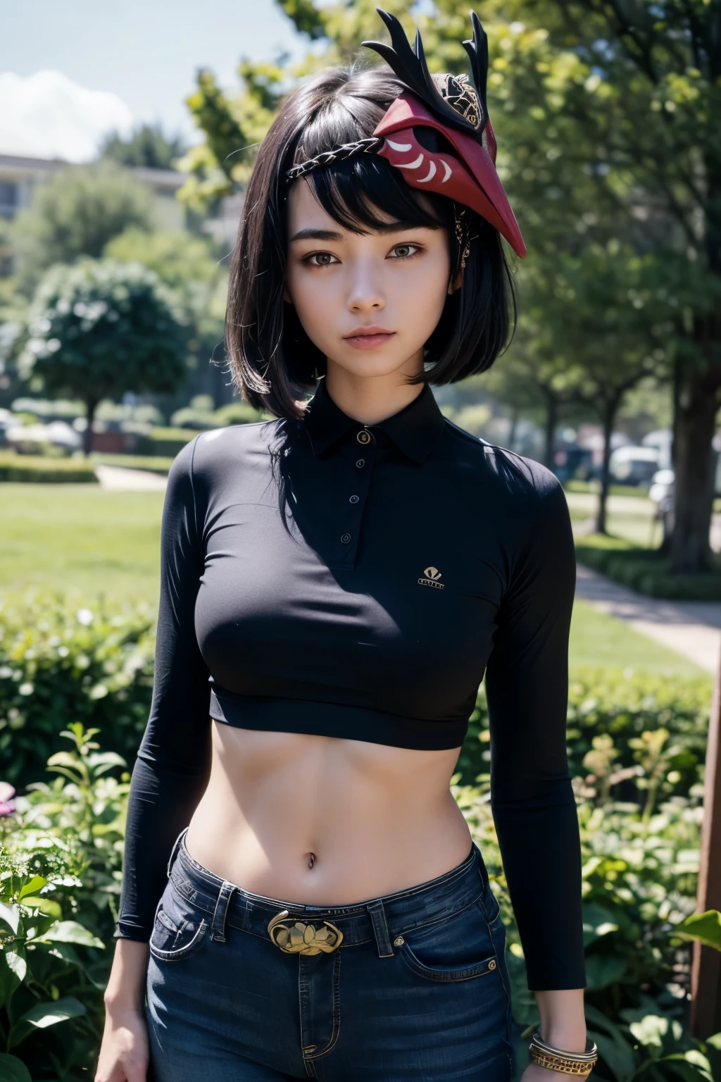 1girl, ((black long sleeved polo shirt, gold trim, long dark blue jeans, iron belt), (midriff, navel), looking at viewer, seductive smile, garden, fashion pose, (kujou sara:1.3), mask on head, blue hair, short hair, yellow eyes, (cinematic lighting, best quality, master
piece, anatomically correct, detailed textured skin, high details, best quality, highres, HD,
4K, 8k, super detail)