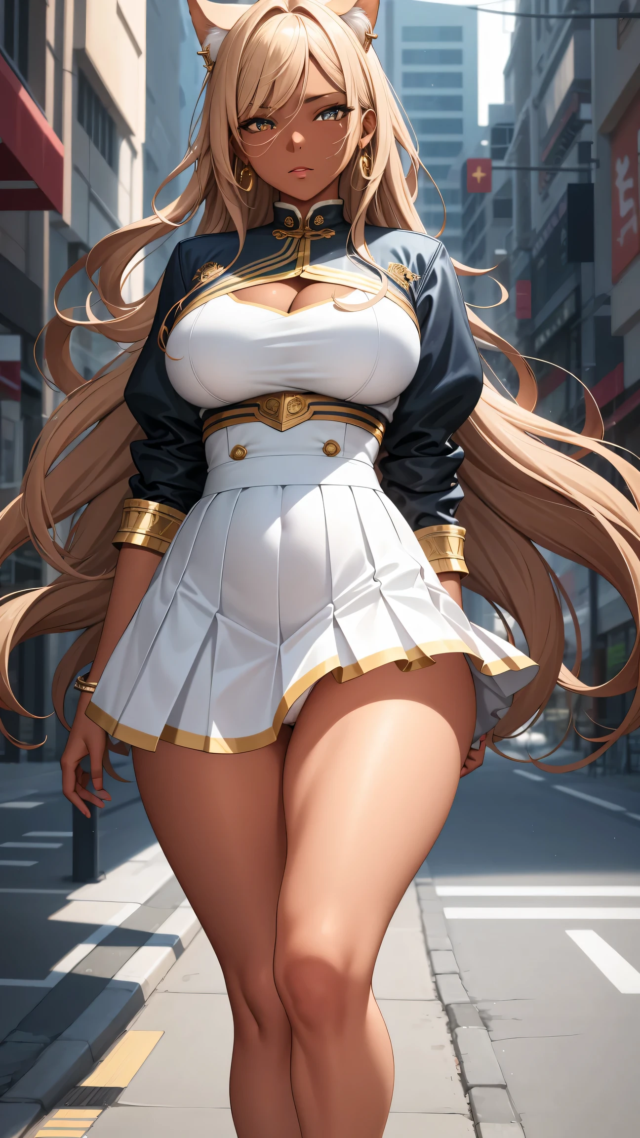 (best quality:1.5, highres, UHD, 4K, detailed lighting, shaders), brown wavy hair, gradient hair, cat ears, large breasts, large butt, big thighs, mature woman, woman stretch jersey, small skirt, white panties, white skirt, (pov), full body, white background, colorful eyeshadow, dramatic lighting, sparkling eyes, confident expression, golden earrings, flowing hair, delicate facial features, dark skin, high cheekbones, stylish clothing, urban setting, white background