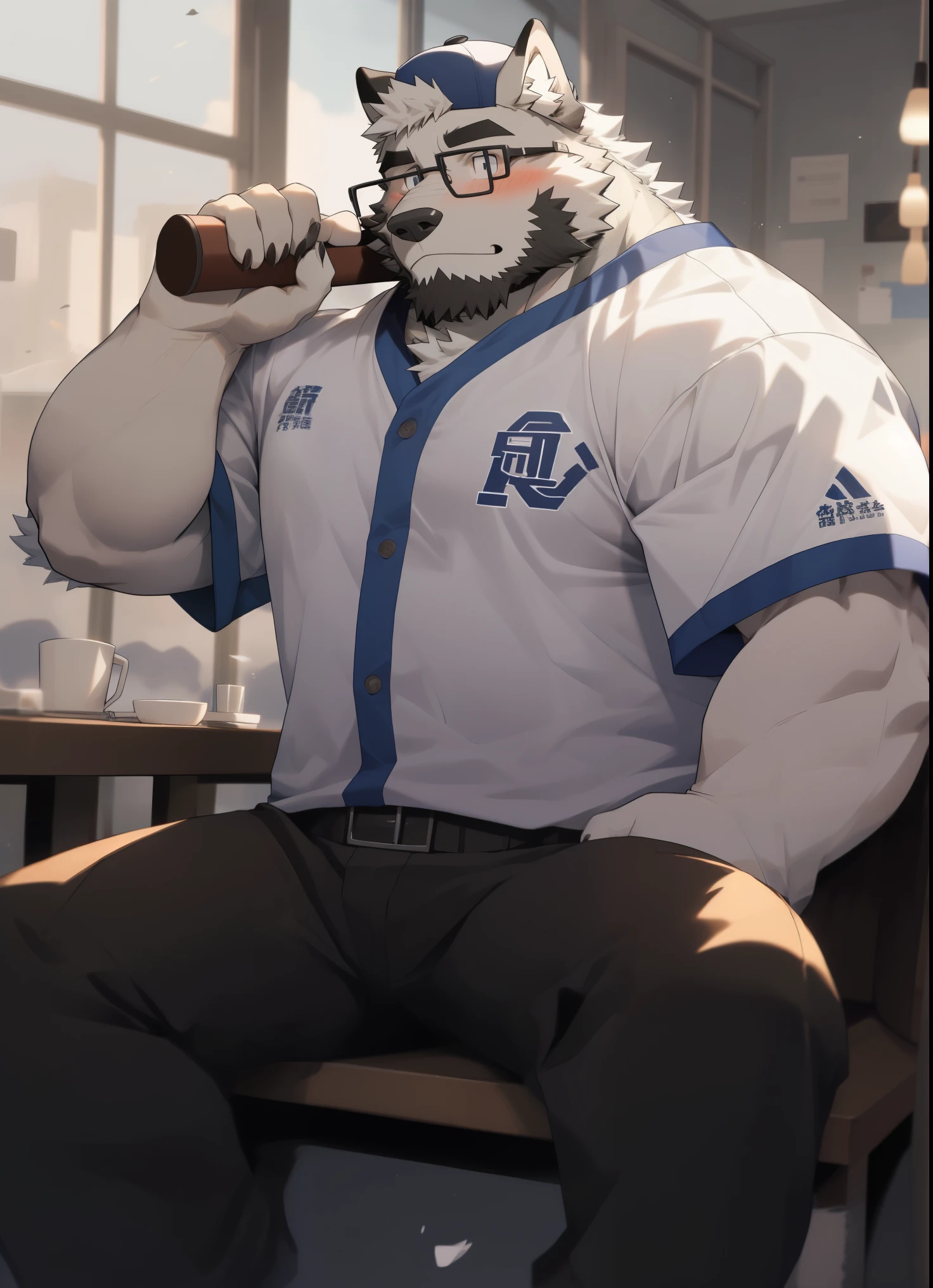 hairy，（Wolf，Black-rimmed glasses，Pure white baseball uniform，white baseball pants，baseball cap），beard，white fur，male，Common，full body picture， dynamic poses，in the lounge，sit on bench，There&#39;s a baseball bat next to him，blush，Drunken expression，detailed background，极其lifelike阴影，masterpiece，Very detailed，lifelike