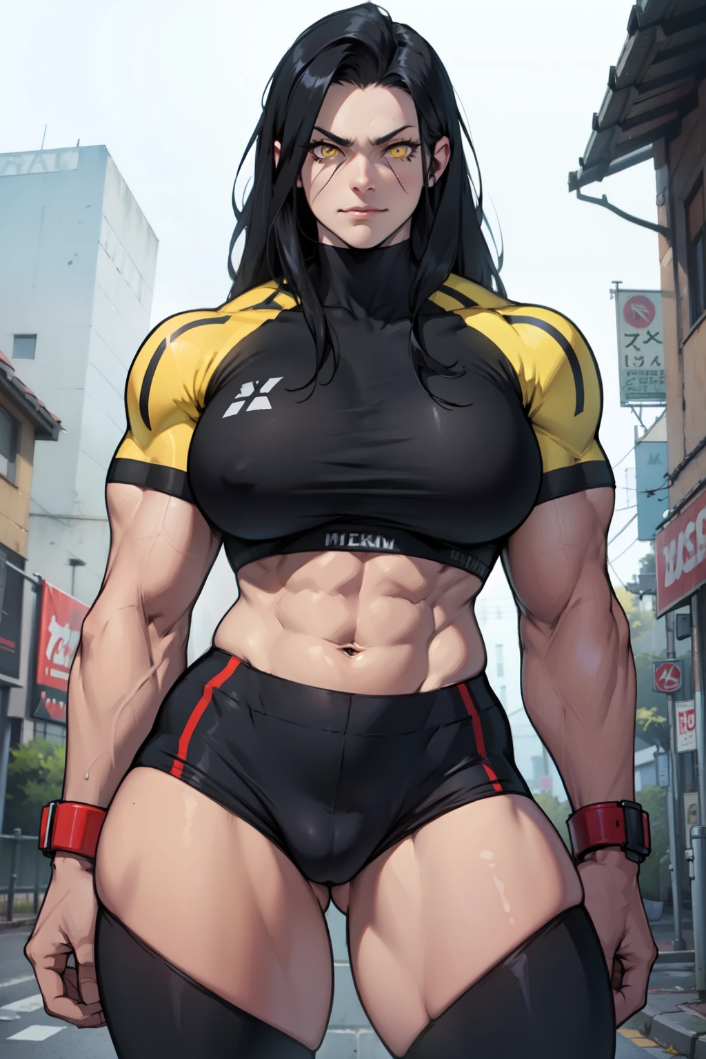 rape face black hair yellow eyes pale skin muscular huge thighs breasts huge muscles toned body woman