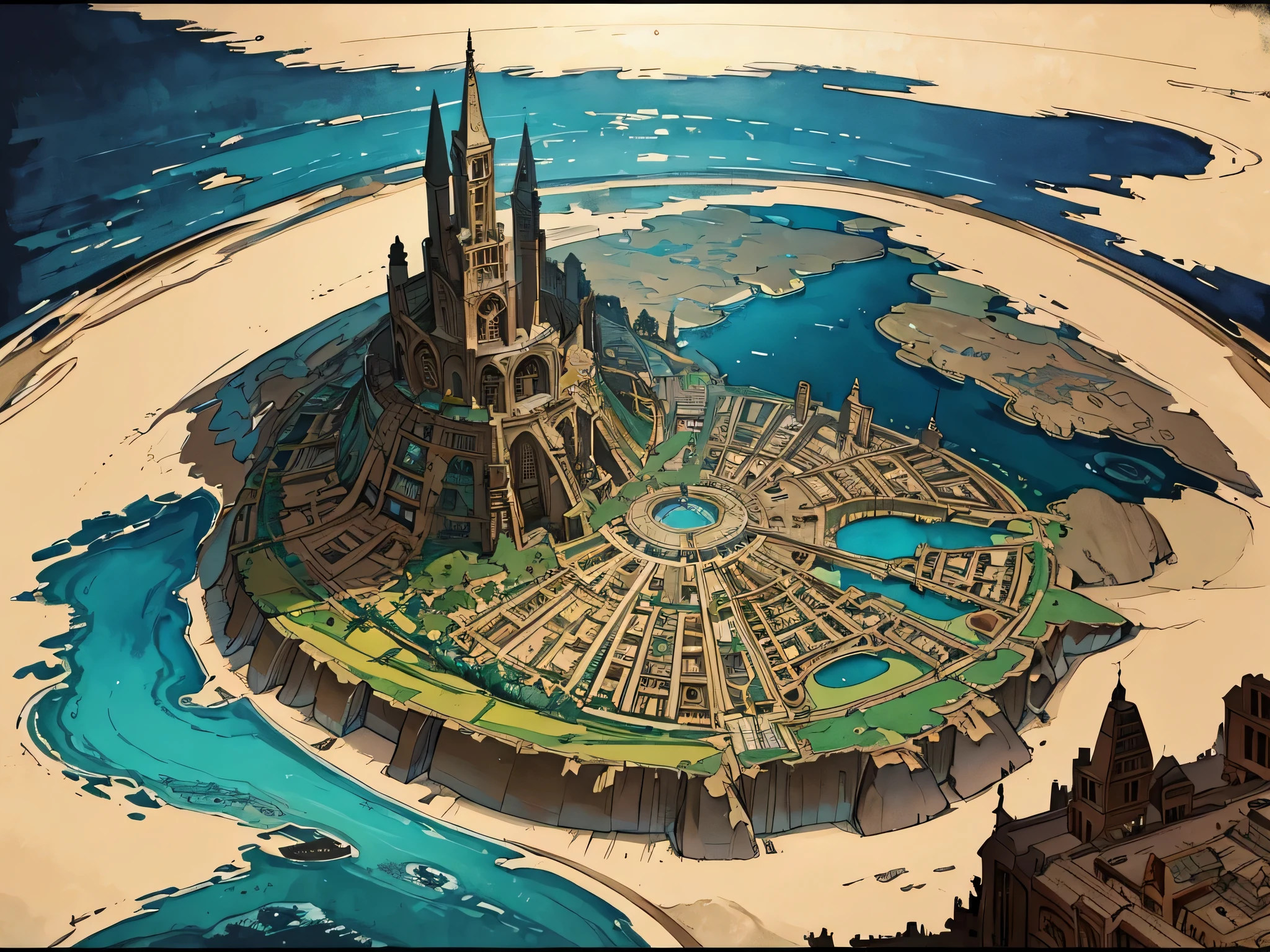 Vintage map of Atlantis before the Flood in steampunk style, displaying the boundaries of the entire map. mixed media, including wet-on-wet watercolor., architectural drawing, calligraphic text and lines, pen (ink), colored markers, old paper. Sharp Focus, a high resolution, intricate and colorful details