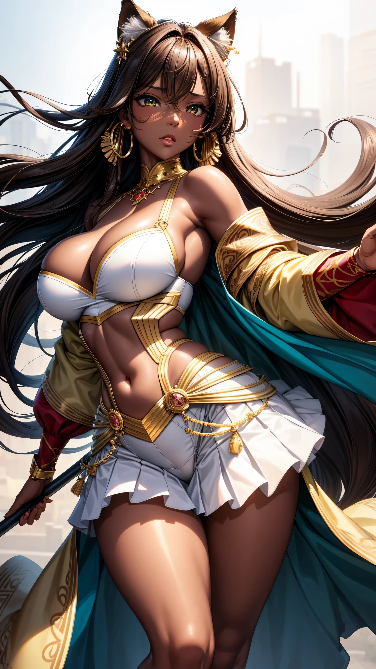 (best quality:1.5, highres, UHD, 4K, detailed lighting, shaders), brown wavy hair, gradient hair, cat ears, large breasts, large butt, big thighs, mature woman, woman stretch jersey, small skirt, white panties, white skirt, (pov), full body, white background, colorful eyeshadow, dramatic lighting, sparkling eyes, confident expression, golden earrings, flowing hair, delicate facial features, dark skin, high cheekbones, stylish clothing, urban setting, white background