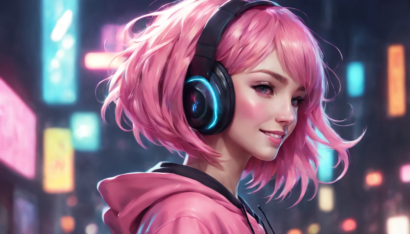 beautiful (smiling:1) woman DJ with (pink hair:1.1) wearing (headphones:1.1) and sunglasses and a leather jacket, deejaying with turntables while dancing, colorful disco lights, (skindentation:1.2),(perfect photorealistic face:1.3), (hyper-realistic:1.2), rule of thirds golden ratio, cinematic, absurdres