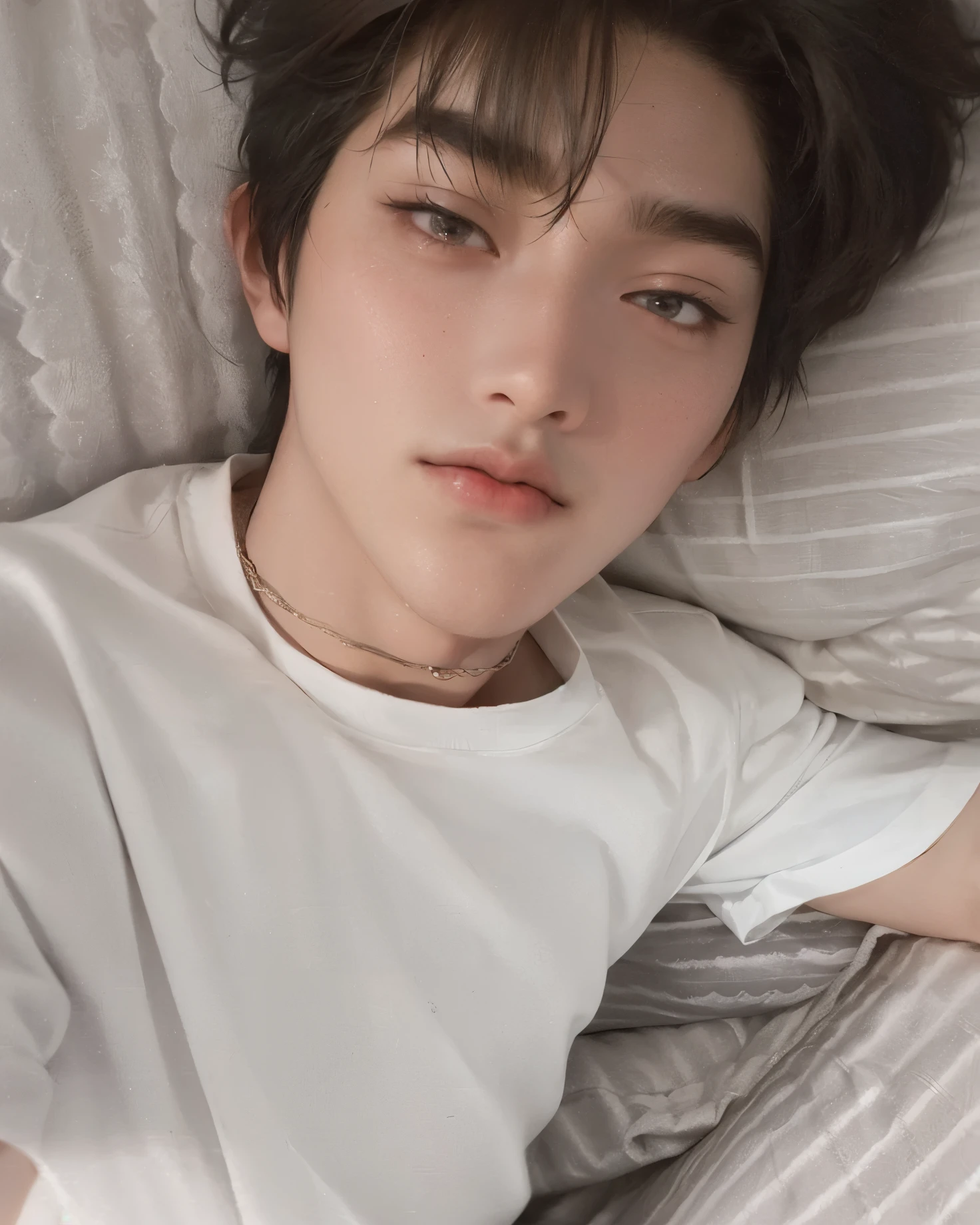 arafed asian Man laying on a bed with a white shirt, cai xukun, wan adorable korean face, ruan cute vtuber, headshot profile picture, male ulzzang, hyung tae, jinyoung shin, thawan duchanee, kpop boy, boy, uzzlang boy