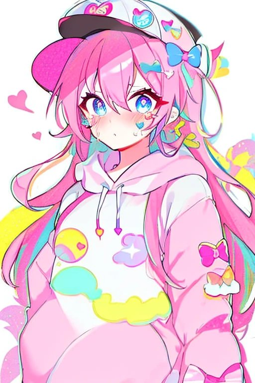 baseball cap, blue eyes, blush, crying, dress, flower, food, gloves, hair between eyes, hairband, heart o-ring, jewelry, long hair, multicolored eyes, pink bow, pink hair, pink hoodie, psychogenic dream style, simple background, solo, sticker, striped bow, upper body, white footwear, 