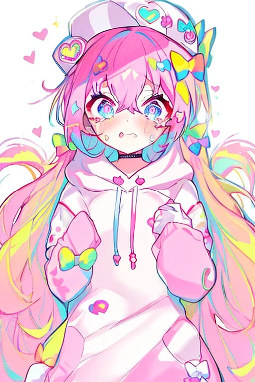 baseball cap, blue eyes, blush, crying, dress, flower, food, gloves, hair between eyes, hairband, heart o-ring, jewelry, long hair, multicolored eyes, pink bow, pink hair, pink hoodie, psychogenic dream style, simple background, solo, sticker, striped bow, upper body, white footwear, 