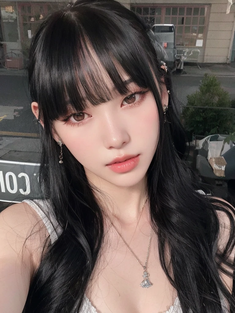 a close up of a woman with long black hair wearing a necklace, ulzzang, she has black hair with bangs, long black hair with bangs, black hair and large eyes, young adorable korean face, long dark hair with bangs, beautiful aesthetic face, girl cute-fine-face, with long hair and piercing eyes, korean girl, cruel korean goth girl