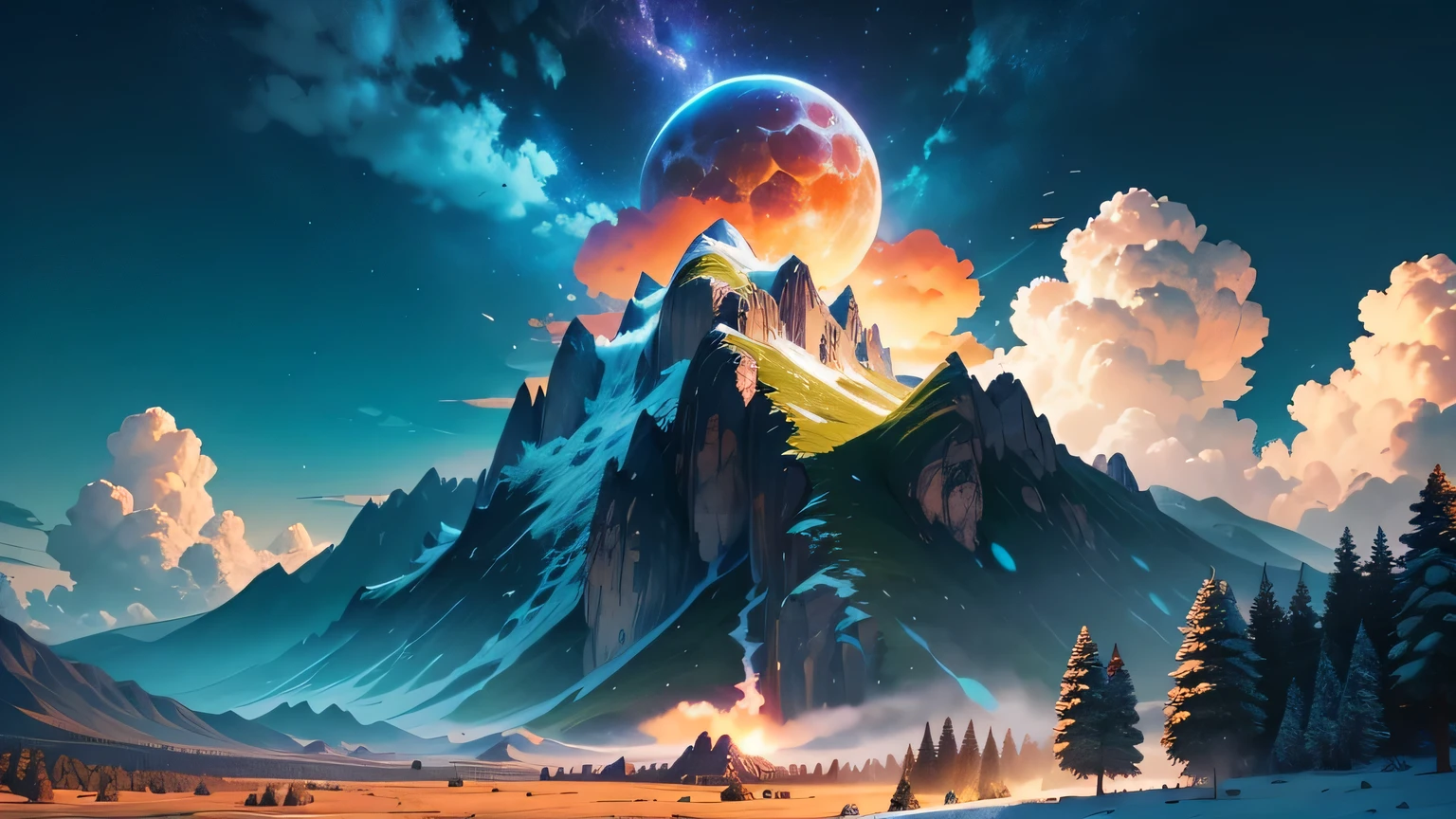 Make me an incredible landscape, some giant and colossal mountains in the background, in the middle in little goku fighting broly, lo impactante del cielo azul se ve reflejada la luna, mountains with vegetation, algunos pinos, Some trees, los colores de esta imagen deben ser muy llamativos.